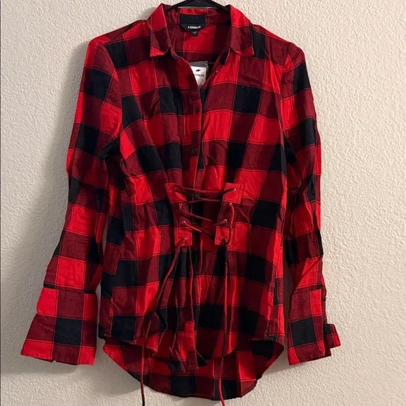 Express Red and Black Plaid Lace-Up Shirt - Picture 2 of 8